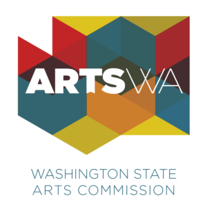 Graphic shape with triangles and cubes of red, orange, dark blue, and chartreuse designed into the shape of Washington state with the words ARTSWA in white overlaying and the words Washington State Arts Commission in blue underneath the shape