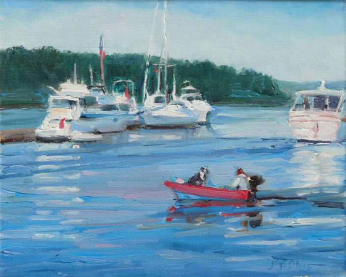 Painting of boats in a harbor