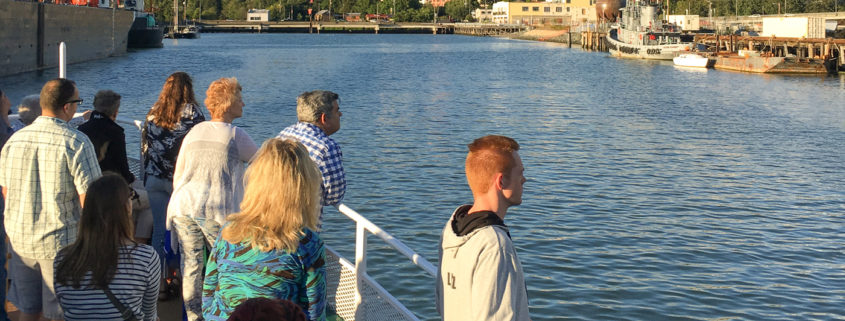 People standing on a cruise ship looking out at scenery