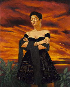 A light brown skin female appearance person standing with arms crossed wearing a black sleeveless dress with short hair with a fire red and orange sky behind
