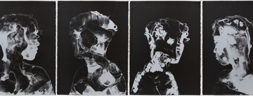 Series of four silver images of human facial profiles on a black background