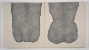 Two black and gray torsos drawn with graphite and acrylic on canvas