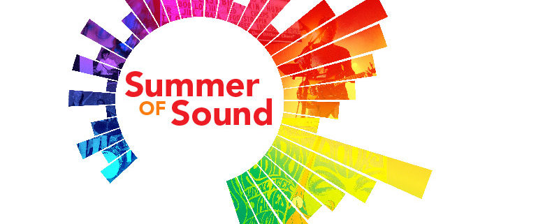Rainbow colored sound waves in the shape of a sun with the words Summer of Sound inside