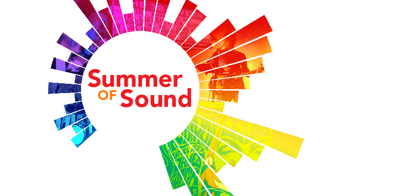 Rainbow colored sound waves in the shape of a sun with the words Summer of Sound inside