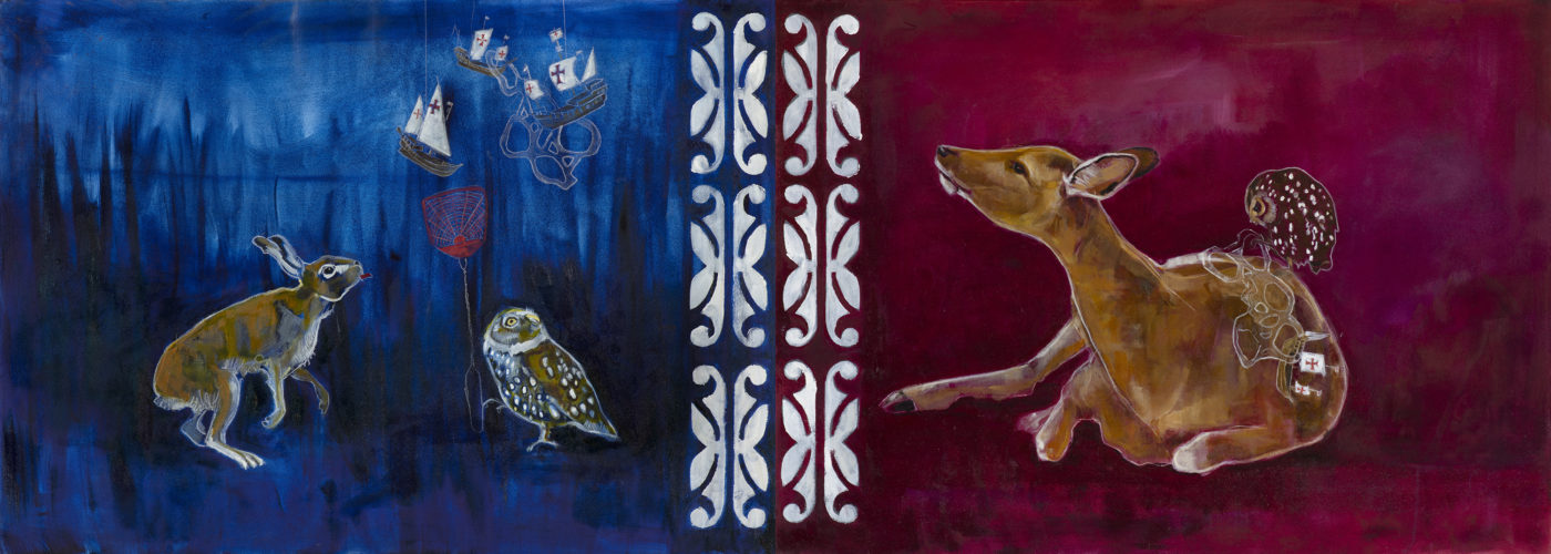 Painting with blue, white, and black designs and paintings of a rabbit, owl, and ships on the left and red background paint with a painting of a deer sitting and an owl on its back to the right