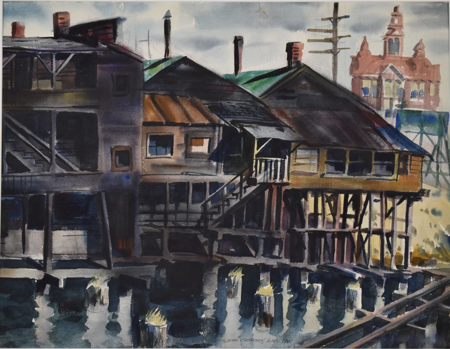 Oil painting of a waterfront with buildings on stilts.