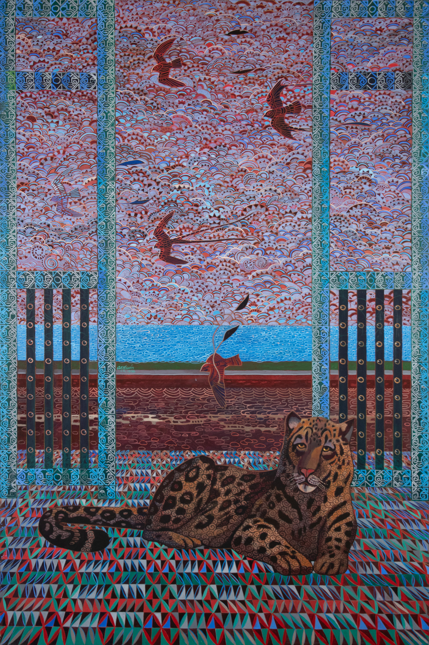La casa de la paz, 1998, Oil on canvas, Whatcom Museum Collection, gift of the Estate of Alfredo Arreguín / La casa de la paz, 1998, óleo sobre tela, Colección del Whatcom Museum, donación del Patrimonio de Alfredo Arreguín